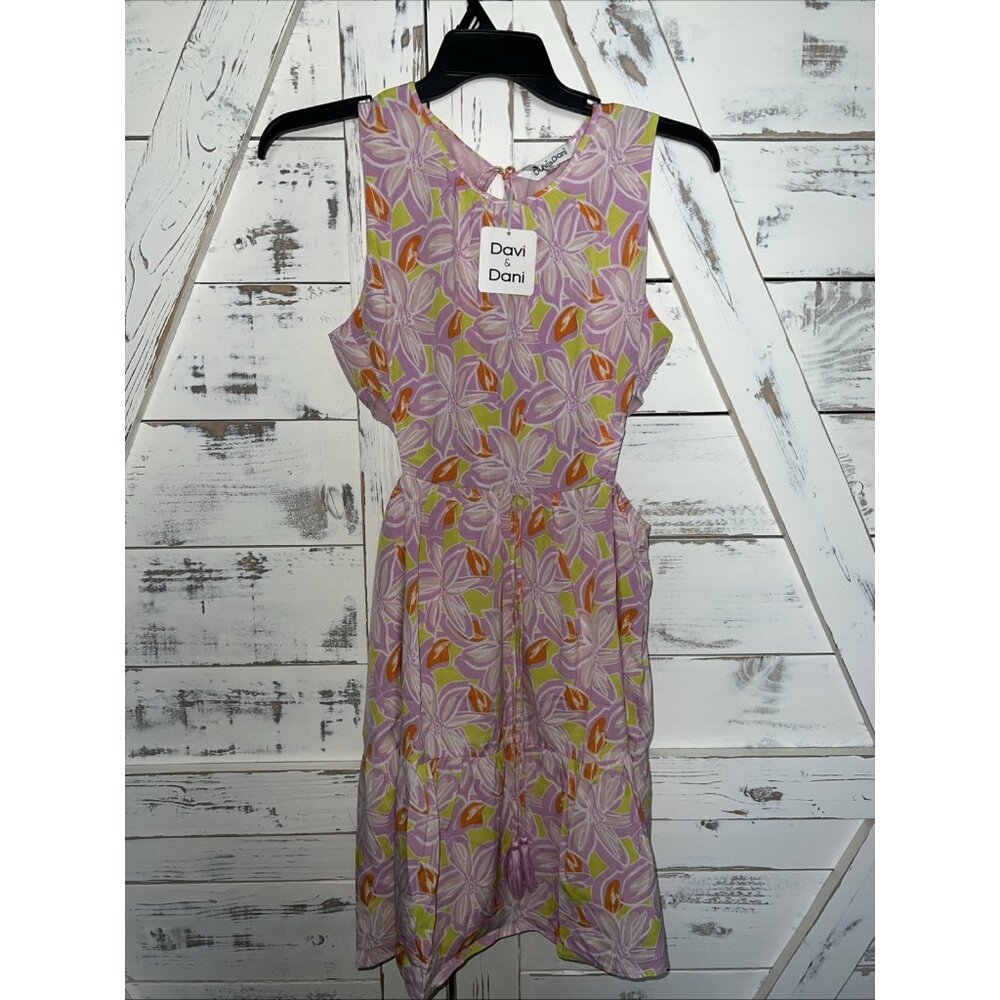 Davi and Dani NEW Retro Floral Sleeveless Tie Side Cut Out Mini Dress Large